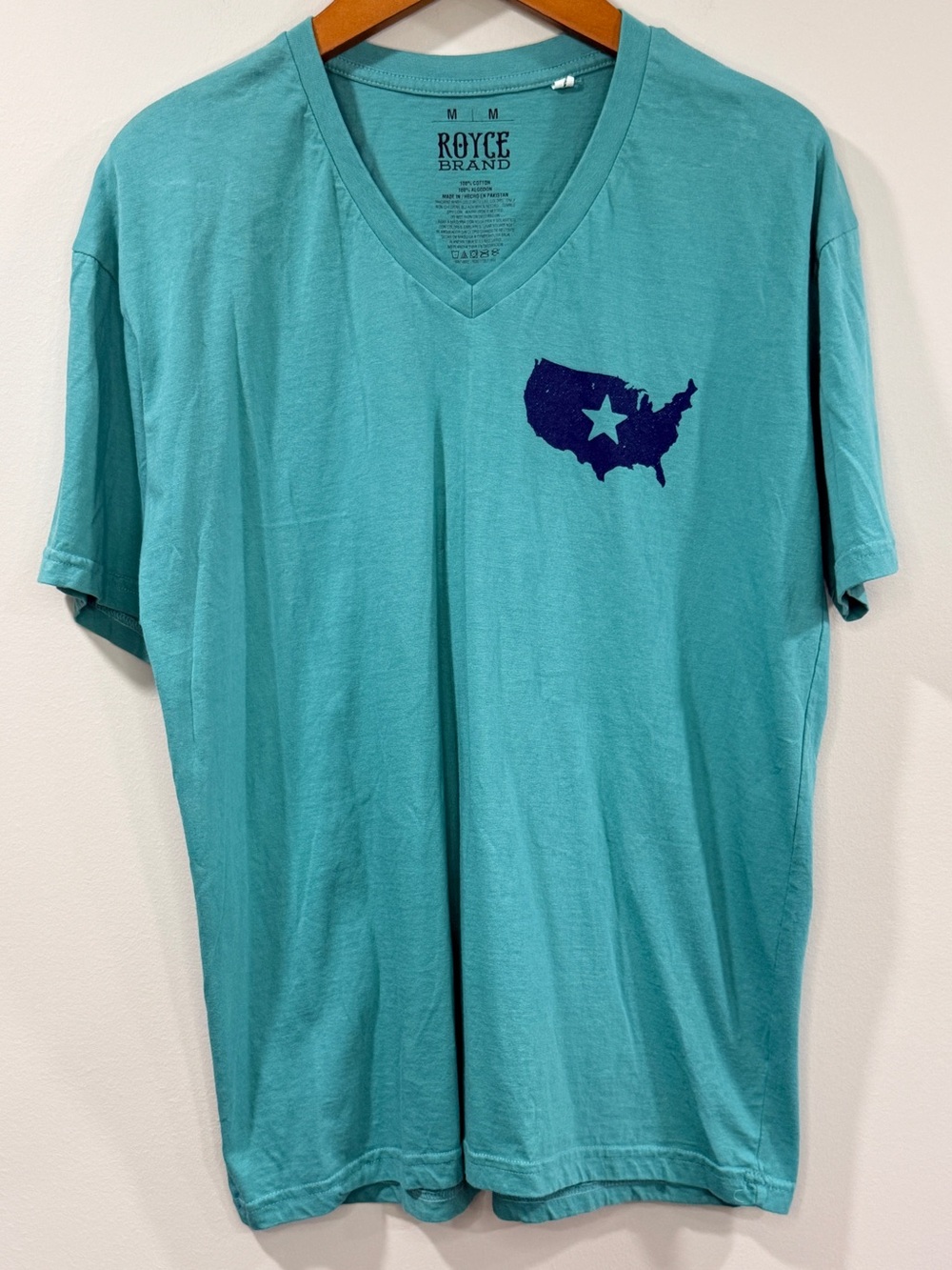 Royce Brand Men's Teal V-Neck T-Shirt with Navy USA Star Graphic Size M